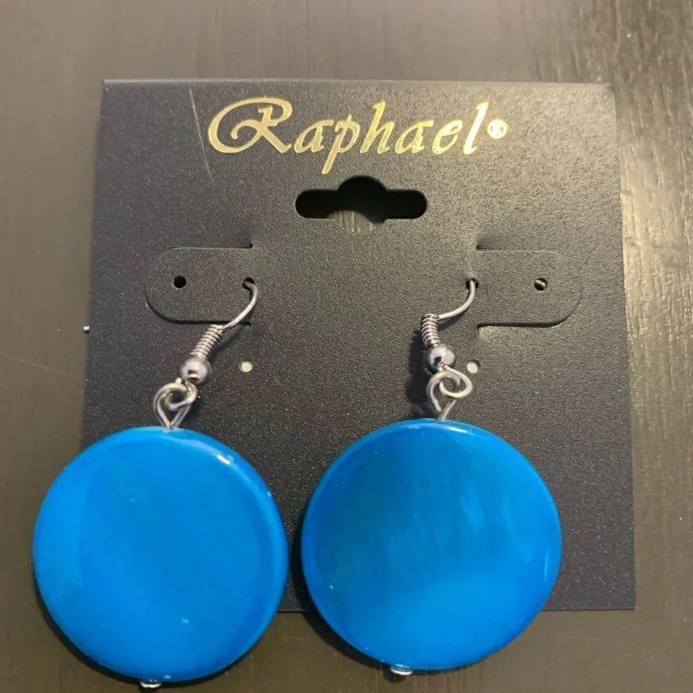 Raphael blue flat disk bead dangle earrings